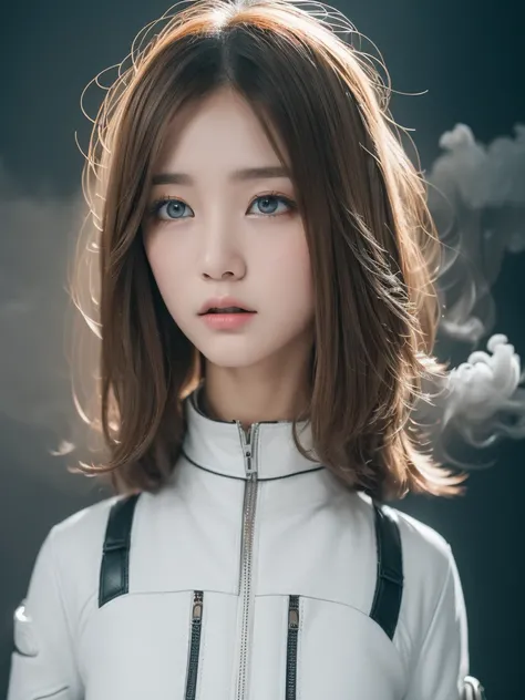 the Extremely Detailed CG Unity 8K Wallpapers、top-quality、Ultra-detail、​masterpiece、studio shoot、close up of face、(White and light gray multicolor leather combat suit), realisitic、Photo Real、extremely detailed cute girl、solo、18year old、japaneelancholy look...