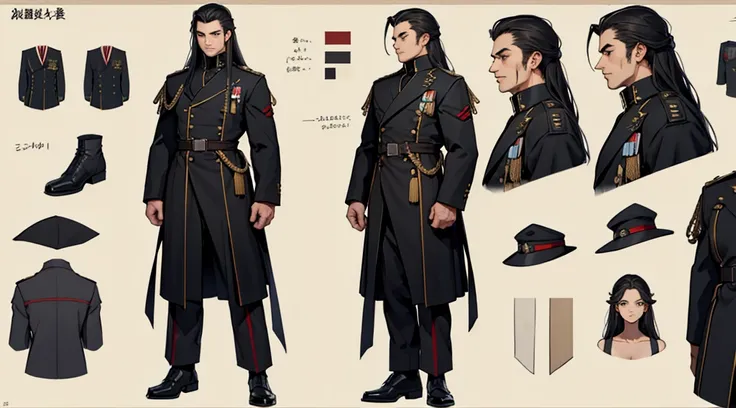 Character design sheet、boy、Black military uniform、Long hair to the shoulders、Detailed face