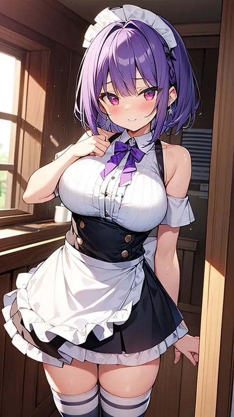 最high quality, high quality, super detailed, 32k, ultra-detailed details, waitress(only, standing, pretty girl, beautiful purple...