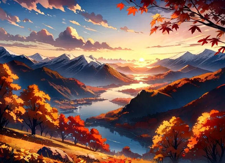 Sunset、autumn leaves、Great view、mountains、Genuine、detailed、color、High resolution、超detailed