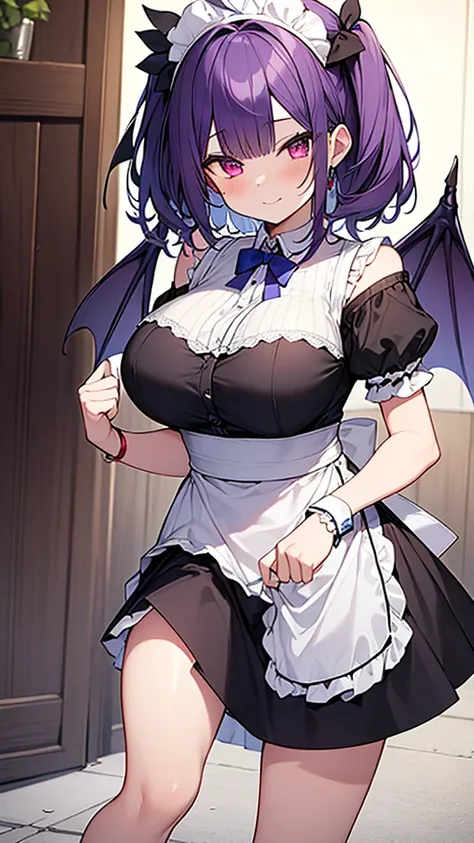 最high quality, high quality, Super detailed, 32k, Ultra-detailed details, , {{The succubus maid has the face of my sister}}, (only, Standing, pretty girl, beautiful purple hair, short hair, Beautiful RED eyes, mature, Big Breasts, A light smile, Off-the-sh...