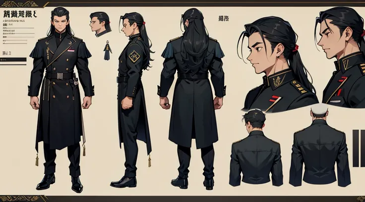 Character design sheet、boy、Smart black military uniform、Long hair to the shoulders、Detailed face