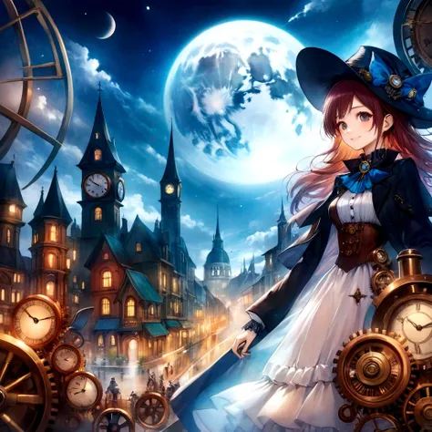 anime smiling girl in a hat and dress standing in front of a clock tower, steampunk beautiful anime woman, anime fantasy artwork, beautiful fantasy anime, hd anime wallaper, anime fantasy illustration, mechanized witch girl, anime art wallpaper 4 k, anime ...