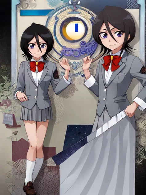 ((Highest quality)), ((Very detailed)), Very detailed顔, Beautiful Face, , (One Girl), Cowboy Shot, Rukia, Black Hair, short hair, Hair between the eyes, Purple eyes, Small breasts, smile, Grey blazer, White collared shirt, Red bow tie, Grey pleated skirt, ...