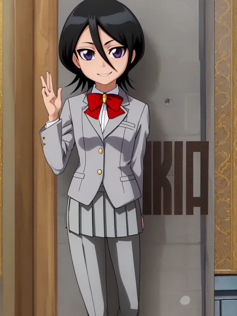 ((Highest quality)), ((Very detailed)), Very detailed顔, Beautiful Face, , (One Girl), Cowboy Shot, Rukia, Black Hair, short hair, Hair between the eyes, Purple eyes, Small breasts, smile, Grey blazer, White collared shirt, Red bow tie, Grey pleated skirt, ...