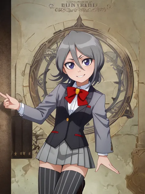 ((Highest quality)), ((Very detailed)), Very detailed顔, Beautiful Face, , (One Girl), Cowboy Shot, Rukia, Black Hair, short hair, Hair between the eyes, Purple eyes, Small breasts, smile, Grey blazer, White collared shirt, Red bow tie, Grey pleated skirt, ...