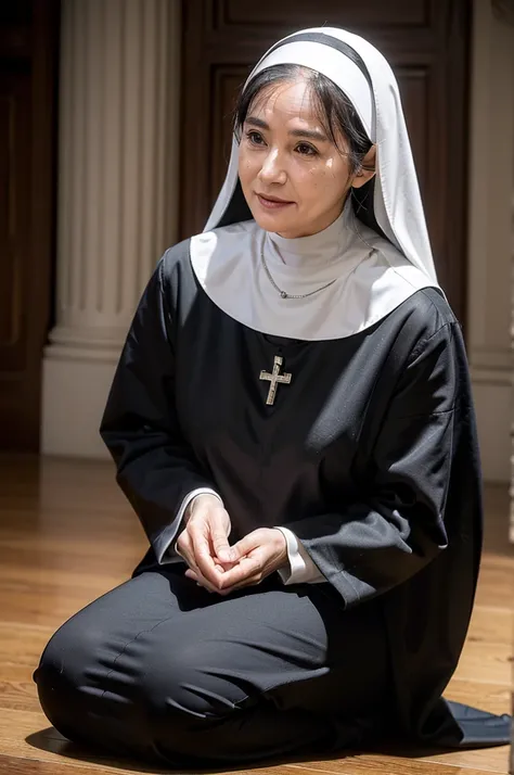 (masterpiece:1.4),(55-year-old woman:1.5),(Facial wrinkles : 1.2), pores, dull skin, skin blemishes, gentle smile, long hair, (dressed as a catholic nun), (black and white clothes), detailed backgrounds, church, divine atmosphere, rosary, cross, kneeling o...