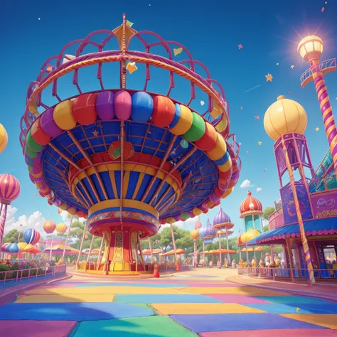 Endless Fun"! Think of elements like an amusement park with a roller coaster, a carousel, colorful baloons, And children smiling and playing. Also include stars, confetti, and perhaps even a rainbow to convey the idea of continuous and inexhaustible joy. U...