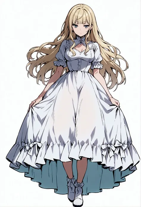 fullbody,masterpiece,standing,adult,1girl,solo,white background,standing straight,light blue lolita dress with white accents, curls,blonde long hair,fringe bangs,white boots,