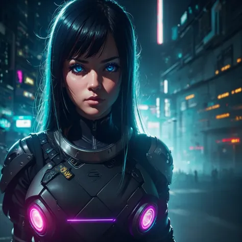 Cyber Girl, solo, 1girl, cyber eyes, (BOKEH) dreamy cyberpunk background, engaging perspective, captivating gaze, (deep, immersive) steam ambiance, (artistically) blurred foreground, mist, (secretive), best quality, anomaticaly correct, 4k, 8k