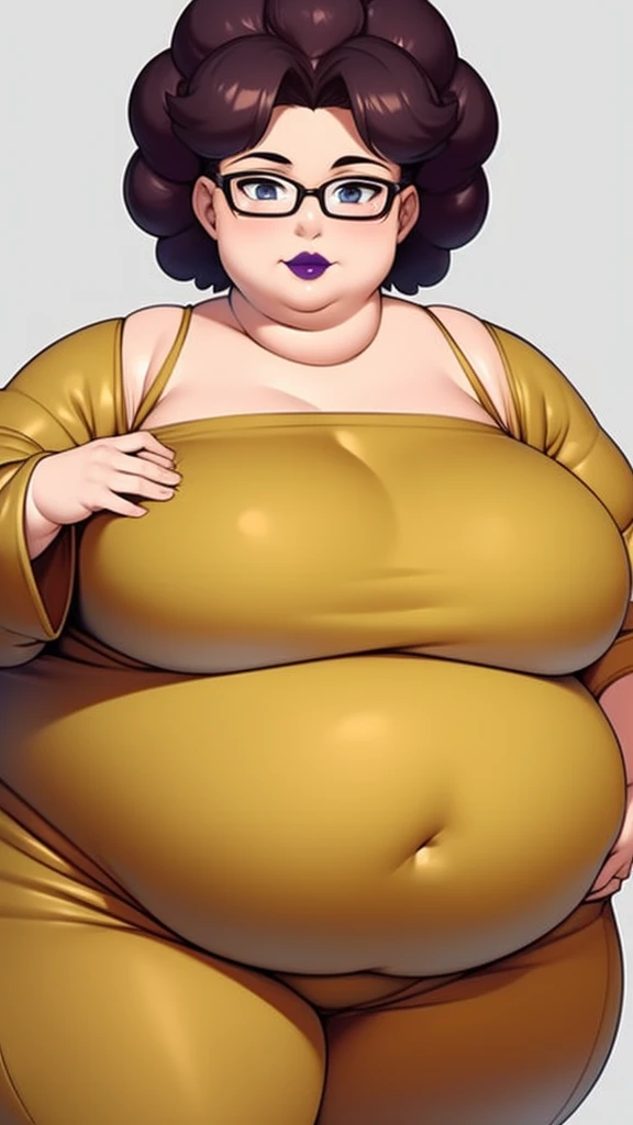 Anime Women, Adult female、Detailed face、amount、amount、Forehead、Afro、Short Hair、Curly hair、Glasses、Sharp eyes、Thick lips、Purple Lipstick、Painted lips、Very fat、Chubby、obesity、obesity体、Double chin、Cheek、Thick neck、Big Breasts、Saggy breasts、Thick upper arms、Th...