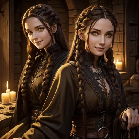 Medieval. D&D. Female. Braids. Brown hair. Gothic. Scary. Smiling. Yellow eyes. Beautiful. 