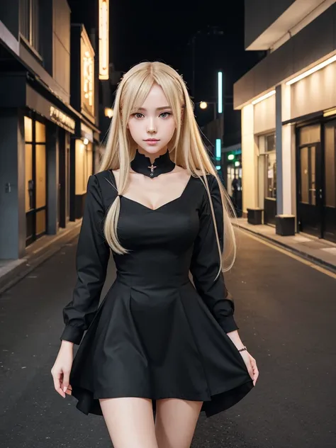 anime, a woman in a black dress is walking down a sidewalk, anime visual of a cute girl, anime girl wearing a black dress, from girls frontline, blonde anime girl with long hair, anime style 4 k, anime. soft lighting, trending on artstation pixiv, fine det...