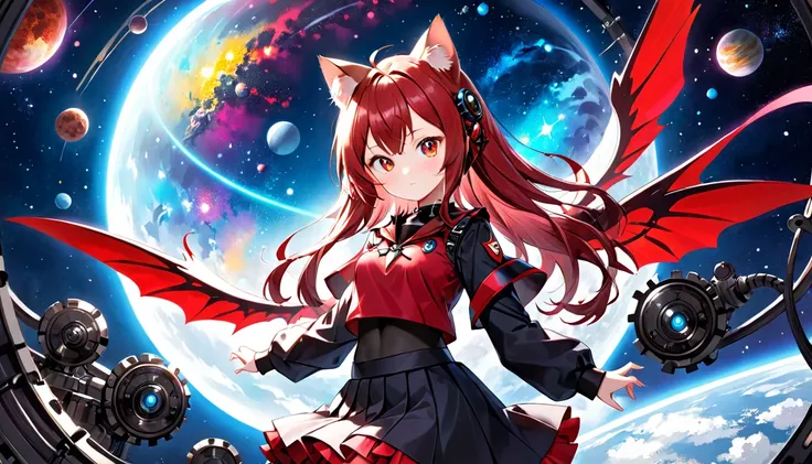 A cat-eared girl with modest chest, with mesmerizing eyes, in a black and red uniform-like outfit with a skirt, featuring mechanical wings and a cosmic background.
