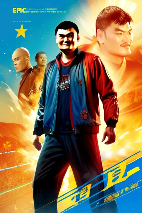 Yao Ming, Blue Background, Rockstar Game Style Epic Poster Concept Art, In a desaturated atmosphere， Features detailed character designs