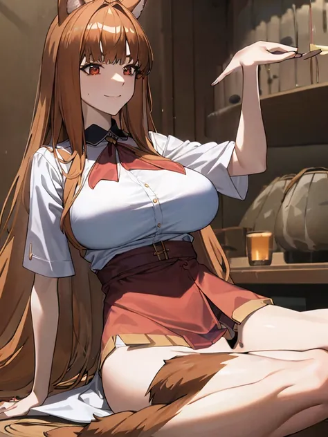 masterpiece, highest quality:1.2), holo, alone,Are standing_Split, (Sitting pose), Long Hair, Brown Hair, Dog ears, smile, (Big huge Melonen massive larger Breasts:1.2), White Lingerie blue denim mini skirt, A bushy tail grows from its waist., 