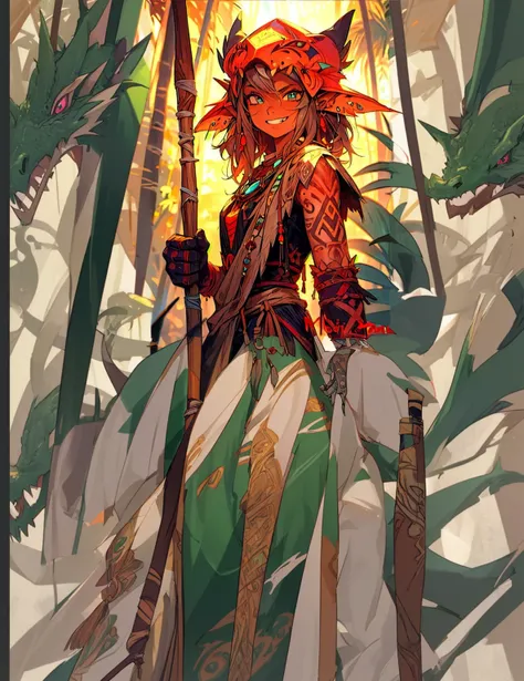 Elf, tanned skin, tattooed hand, dragon head as a headdress, full height 