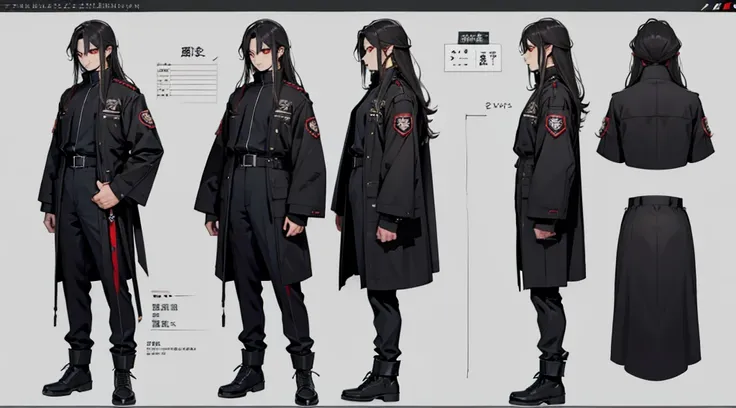 Character design sheet、boy、Smart black military uniform、Long hair to the shoulders、Detailed face、Red eyes