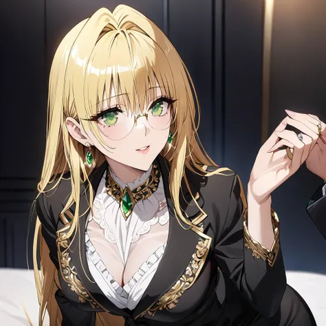 ((Highest quality)), ((masterpiece)), (detailed), （Perfect Face）、The woman is a thief with green eyes and medium-long blonde hair. She is wearing a luxurious black skirt-type suit with gold embroidery and trim, a luxurious and elegant white blouse with fri...