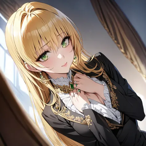 ((Highest quality)), ((masterpiece)), (detailed), （Perfect Face）、The woman is a thief with green eyes and medium-long blonde hair. She is wearing a luxurious black skirt-type suit with gold embroidery and trim, a luxurious and elegant white blouse with fri...