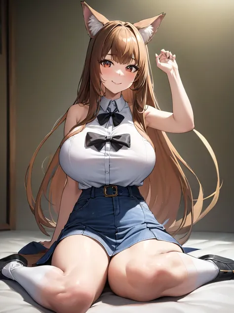 masterpiece, highest quality:1.2), holo, alone,Are standing_Split, (Sitting pose), Long Hair, Brown Hair, Dog ears, smile, (Big huge getting bigger massive larger Breasts:1.2), White Lingerie blue denim mini skirt, A bushy tail grows from its waist., 