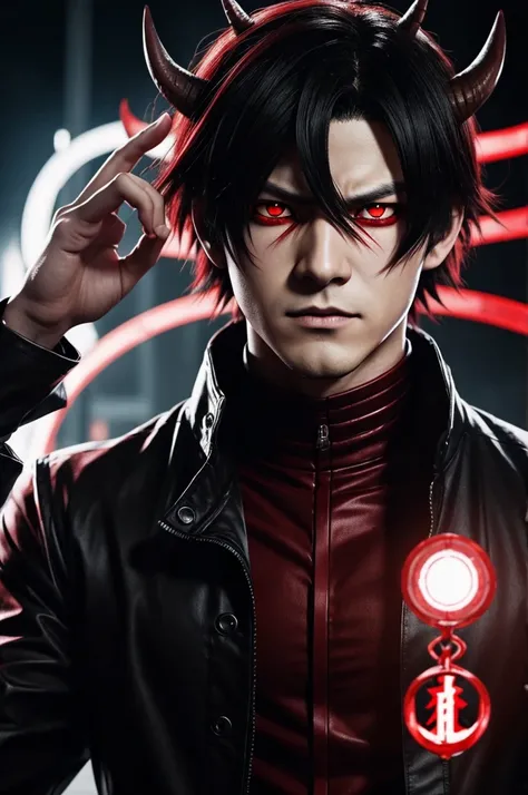 an anime character with horns on his face and a red hand on his other hand, human male demon, handsome japanese demon boy, male anime character, horns and red eyes, demon male, man male demon, demon boy, with red eyes, blood red eyes, pinterest anime, his ...