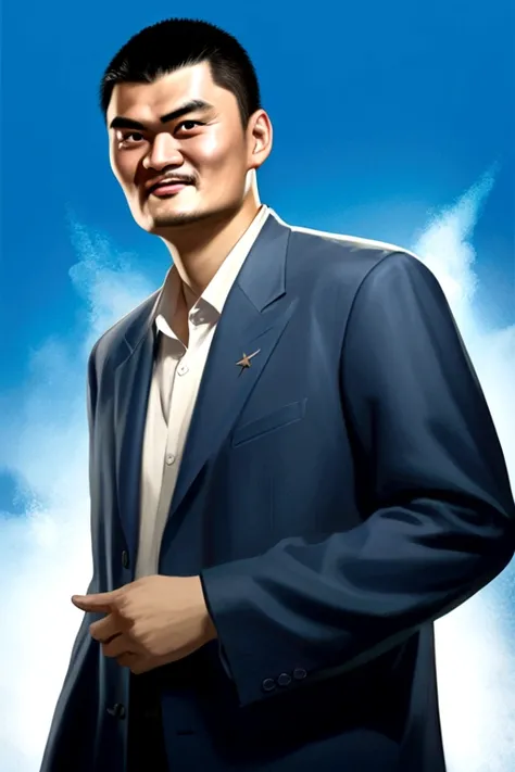 Yao Ming, Blue Background, Rockstar Game Style Epic Poster Concept Art, In a desaturated atmosphere， Features detailed character designs