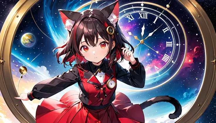 A cat-eared girl with modest chest, with mesmerizing eyes, dressed in a black and red uniform-like outfit with a skirt, featuring a time-traveling clock in a cosmic background.
