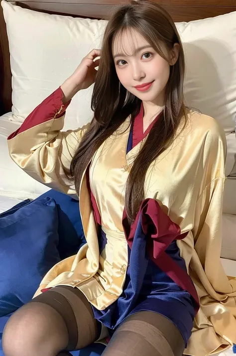 Ulzzang-6500-v1.1, (RAW photos:1.2), (realistic), beautiful and detailed girl, (bona fide: 1.4), (masterpiece), Upper class girl wearing elegant robes in random colors、(pantyhose)、fluttering pose、A cunning smile、embarrassing、embarrassing、lying in bed、