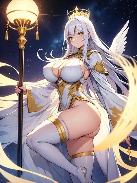 Heavenly Emperor, king of light, beautiful woman, Good shape, White Angel Dress, white skin, yellow eyes, long white hair, big breasts, Big butt.