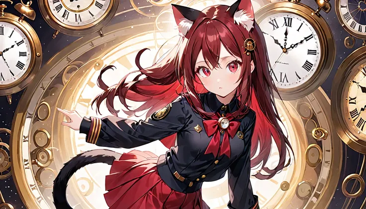 A cat-eared girl with modest chest, with mesmerizing eyes, in a black and red uniform-like outfit with a skirt, and a time-traveling clock.
