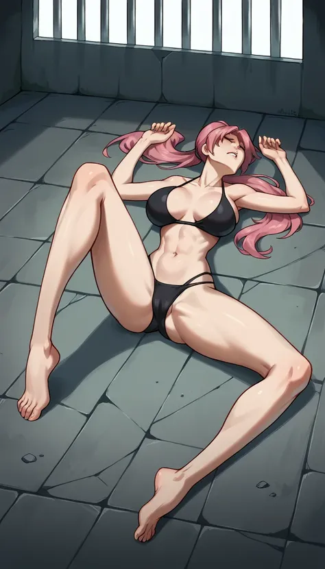 Masterpiece , best quality , Masterpiece , best quality , 1 woman , Pink ponytail , be unconscious , black bikini , abdomen , big breasts , Long legs , Barefoot , Lie down on the floor.. , spread your legs , prison