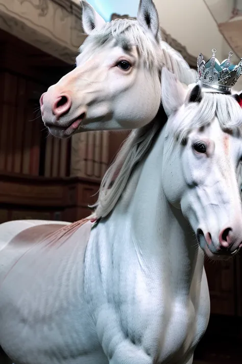 create a 4k image, realidade extrema, of a white horse, THE HORSE IS THE MAIN IMAGE OF THE PICTURE, with a knight seated upon him with a bow in his hand and a crown on his head, the knight is dressed in white clothes and appears peaceful on his face, in an...