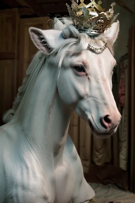 create a 4k image, realidade extrema, of a white horse, THE HORSE IS THE MAIN IMAGE OF THE PICTURE, with a knight seated upon him with a bow in his hand and a crown on his head, the knight is dressed in white clothes and appears peaceful on his face, in an...