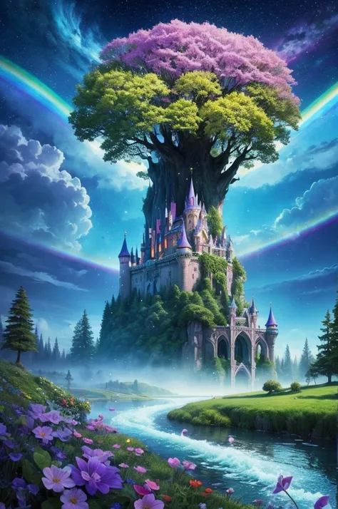 Imagine a world where magic is everywhere! Design an enchanted setting with floating castles, forests full of fantastic creatures like unicorns, Dragons and fairies, and rivers that shine at night. Think giant trees with secret doors, Singing flowers and r...