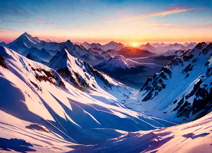 Photo quality、Snow Mountain、Sunset、Great view、mountains、Genuine、detailed、color、High resolution、超detailed