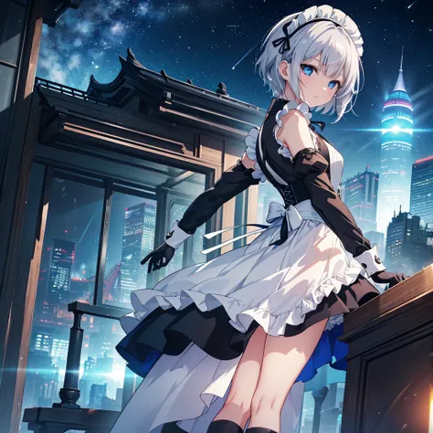 Illustration of one person, Woman Looking Back, Perfect Human Medicine, {{{{{Maid clothes}}}}},Small Tits,Anime Assortment,Cool,cyber punk,{{{{{50 year old woman}}}}} ,{{{{{a person is depicted}}}}},(Official Art、{{{{{Upper Bodyアングル}}}}},Highest quality、Un...