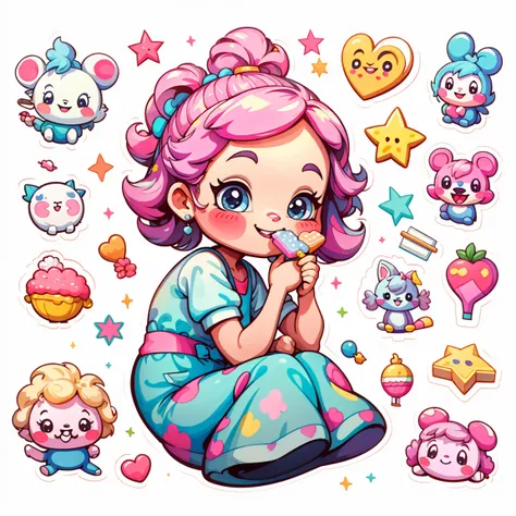 Smiling Disney girl eating candy, a sticker，Adolable，kawaii，Adolable, white background，