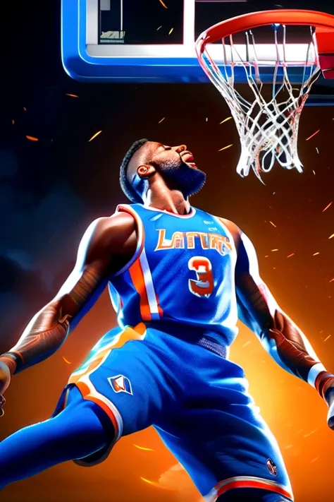 1 giant basketball player dunking,epic cinematic poster,dramatic lighting,cinematic composition,hyperrealistic,chiaroscuro lighting,detailed face and physique,powerful action pose,intense motion blur,studio lighting,vibrant blue and orange color scheme,dra...