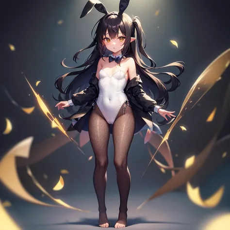 ((Bunny girl)),Dropped ears,(Fishnet tights),(barefoot),Cute little ,Tiny ,Small girl,,Childish face, Very fine clean face,Top quality,Black Hair,(Dark Room), Subtle light, Natural light,Soft lighting,Light from directly behind, (Are standing),With bust up...