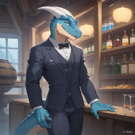 （young lizardman、bar master、standing behind the counter、clasp your hands in front of you）blue body、tuxedo suit、narrowed eyes smi...