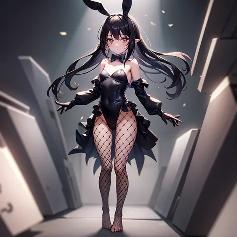 ((Bunny girl)),Dropped ears,(Fishnet tights),(barefoot),Cute little ,Tiny ,Small girl,,Childish face, Very fine clean face,Top quality,Black Hair,(Dark Room), Subtle light, Natural light,Soft lighting,Light from directly behind, (Are standing),With bust up...