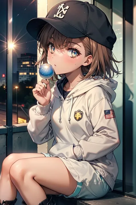 Mycotrose, Brown eyes,Brown Hair,short hair,Small breasts,Oversized black hoodie,Baseball hats,Shorts,boots,Both hands are in the pockets of the hoodie,Blowing bubble gum,Sitting on the stairs,night,moonlight,whole bodyがイラストに入るように,　　　　　　　　　　　　　　　　　 　　　brea...