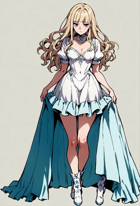 fullbody,masterpiece,standing,adult,1girl,solo,white background,standing straight, curls,blonde long hair,fringe bangs,white boots,light blue knee length frilled dress,flared skirt,short puffy sleeves,