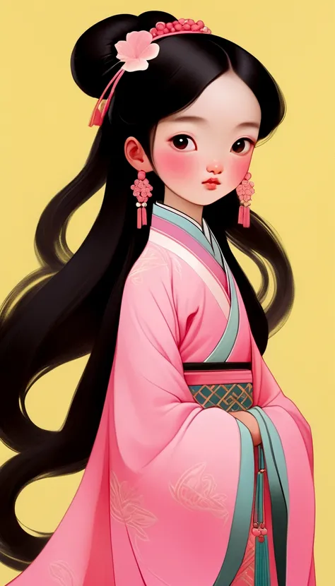 a gongbi painting of a 5 years old black long hair Chinese Qing Dynasty girl wears pink hanfu, tangled jewelry, round face, extremely minimalism portrait, geometric shapes, matte light yellow background, in the style of crisp neo-pop illustrations, animate...