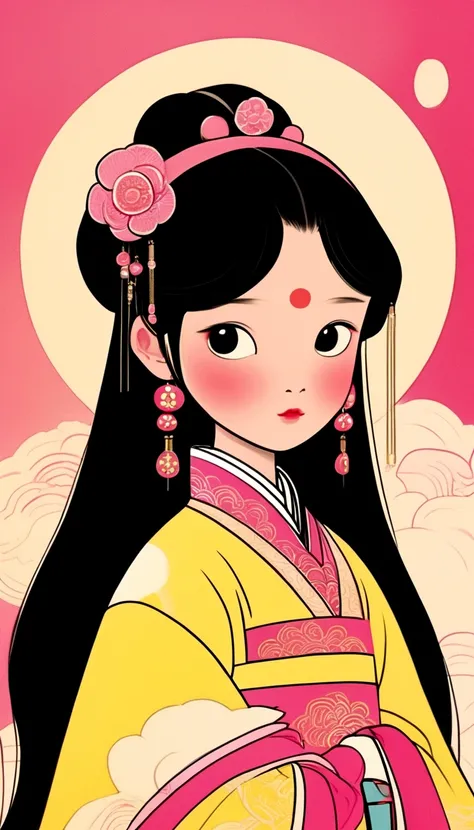 a gongbi painting of a 5 years old black long hair Chinese Qing Dynasty girl wears pink hanfu, tangled jewelry, round face, extremely minimalism portrait, geometric shapes, matte light yellow background, in the style of crisp neo-pop illustrations, animate...