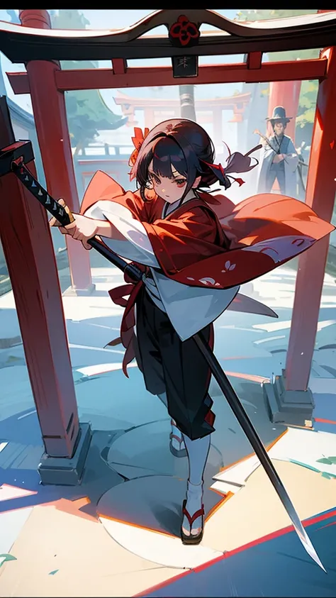 Shrine maiden and ninja duo girl and boy Japanese shrine sword and broom