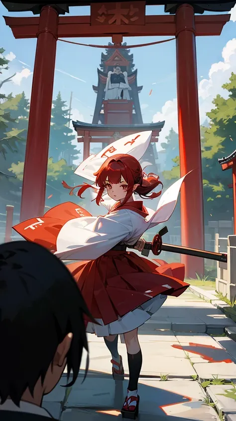 Shrine maiden and ninja duo girl and boy Japanese shrine sword and broom