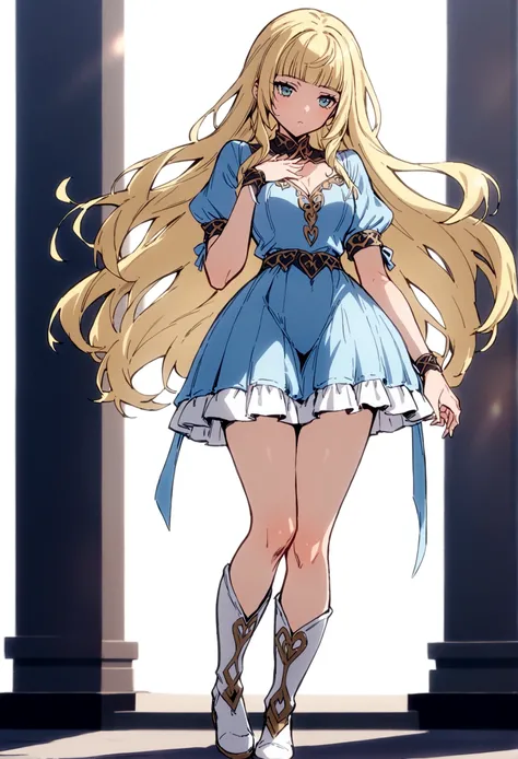 fullbody,masterpiece,standing,adult,1girl,solo,white background,standing straight, curls,blonde long hair,fringe bangs,white boots,light blue knee length frilled dress,flared skirt,short puffy sleeves,