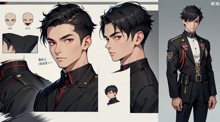 Character design sheet、boy、Smart black military uniform、Short Hair、Detailed face、Red Eyes